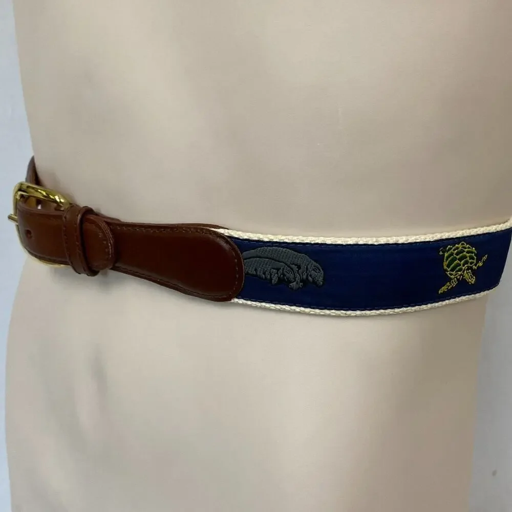 Canterbury Belt Men 30 Woven Embroidered Canvas Nautical Tropical Sea Life Brown